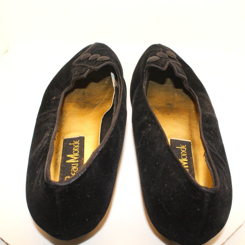Beau Monde Women's Size 10 Black Velvet Button Embellishment Ballet Wedge Heels - Picture 5 of 10